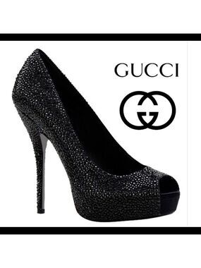 Gucci Black Satin Strass Embroidered Sofia Etoile Peep Toe Pumps Size 37.5 🔥